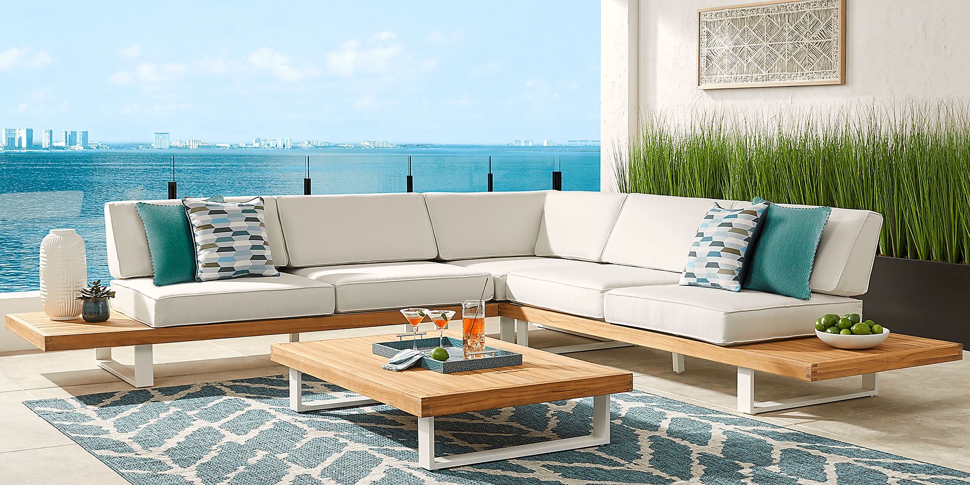 Platform Teak 3 Pc Outdoor Sectional with White Sand Cushions - Image 2