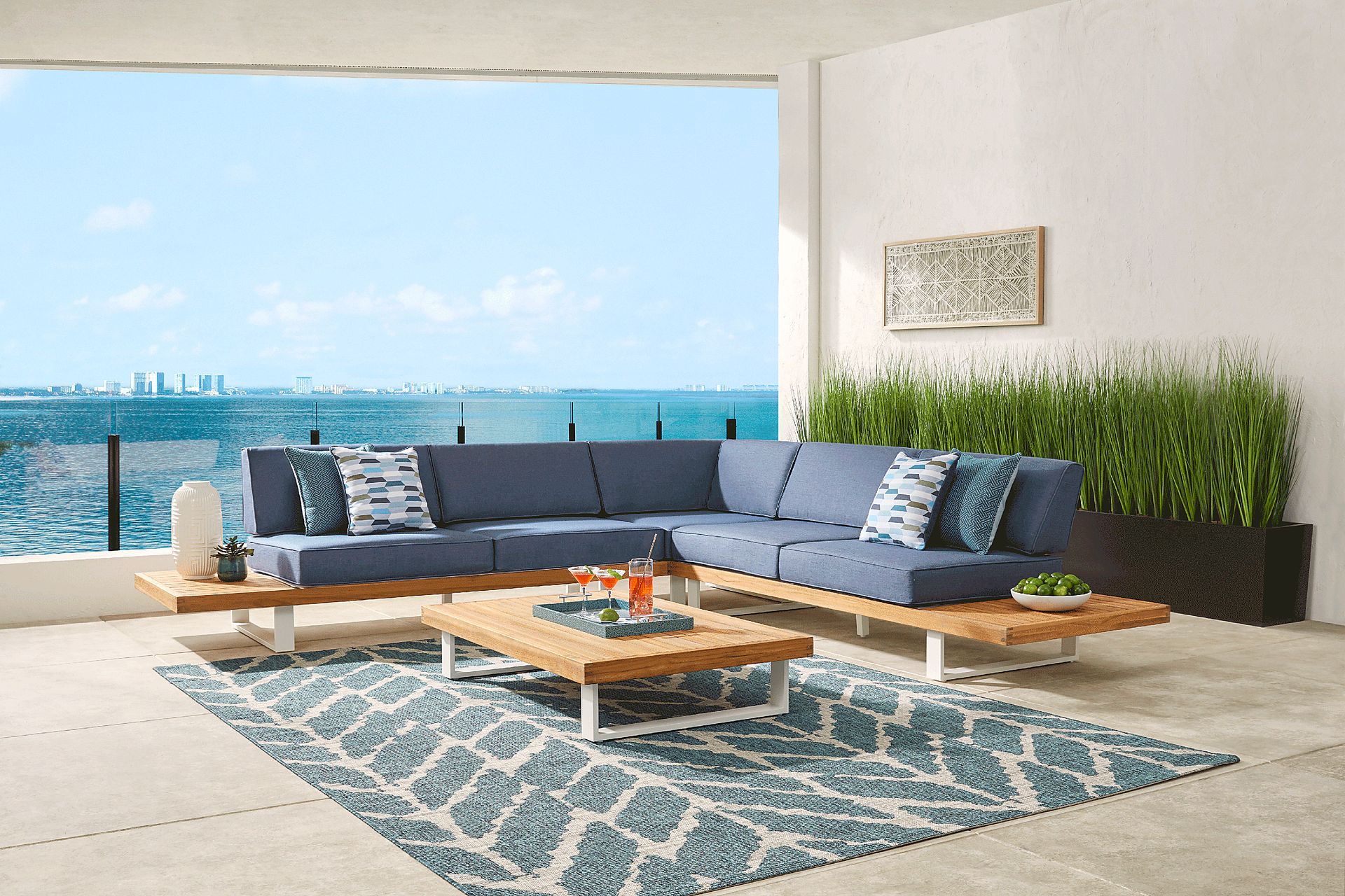 Platform 4 Pc Outdoor Sectional Seating Set with Denim Cushions - Image 1