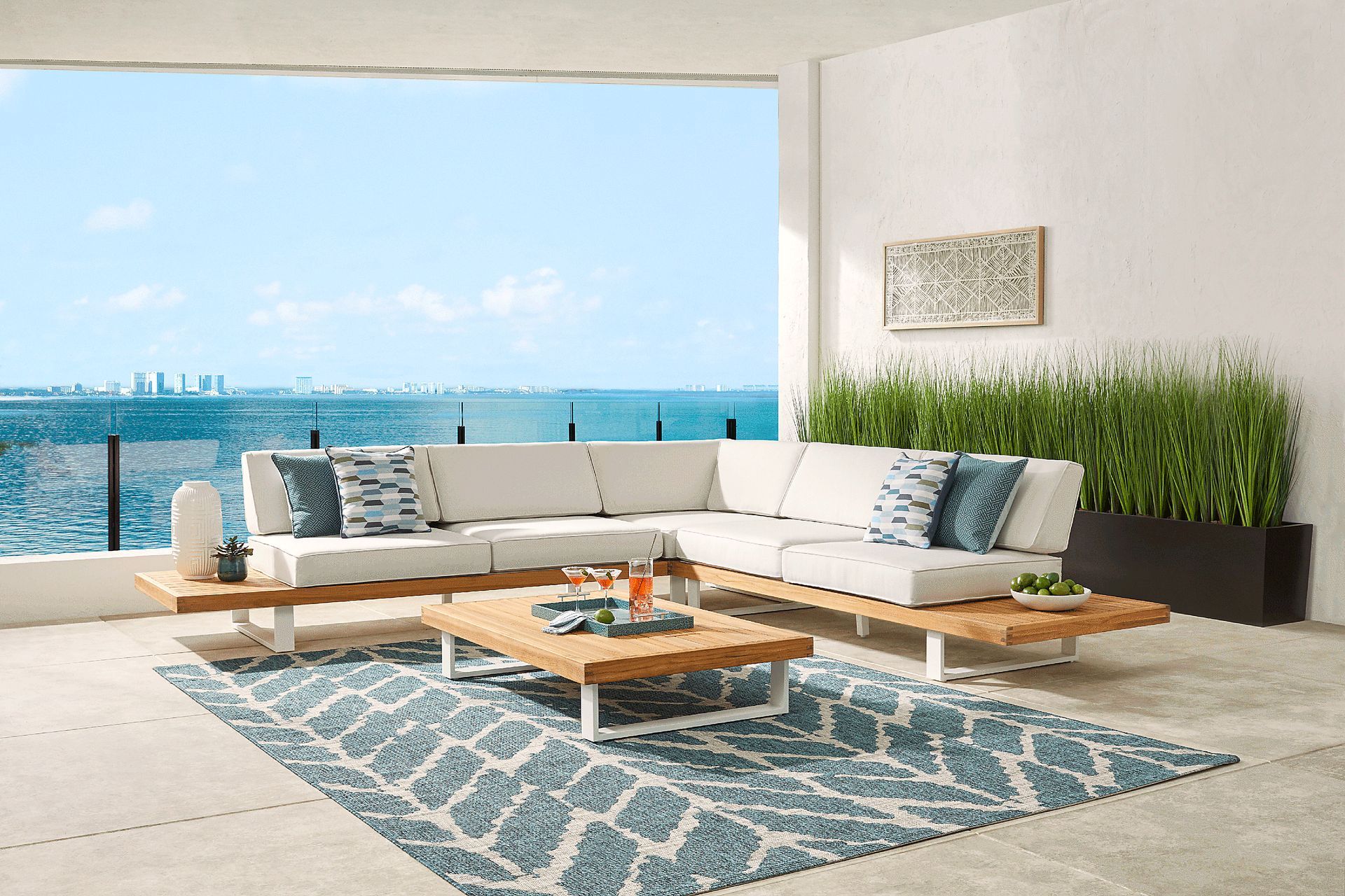 Platform 4 Pc Outdoor Sectional Seating Set with White Sand Cushions - Image 1