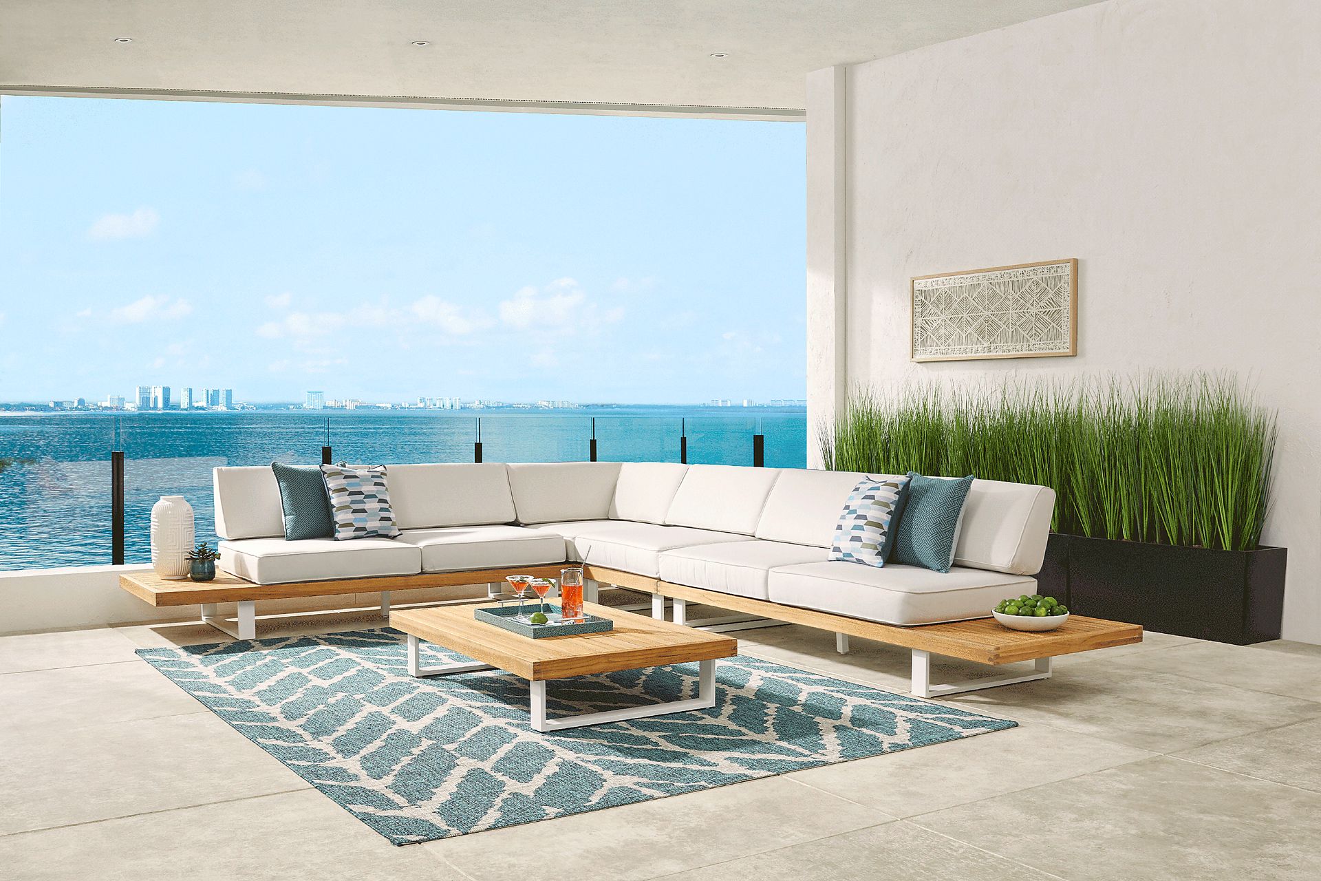 Platform Teak 4 Pc Outdoor Sectional with White Sand Cushions - Image 2