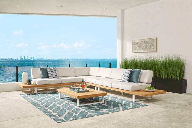 Platform 5 Pc Outdoor Sectional Seating Set with White Sand Cushions - Thumbnail - Image 1