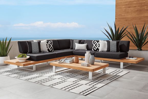 Platform Teak 3 Pc Outdoor Sectional with Charcoal Cushions