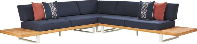 Platform Teak 3 Pc Outdoor Sectional with Indigo Cushions - Thumbnail - Image 1