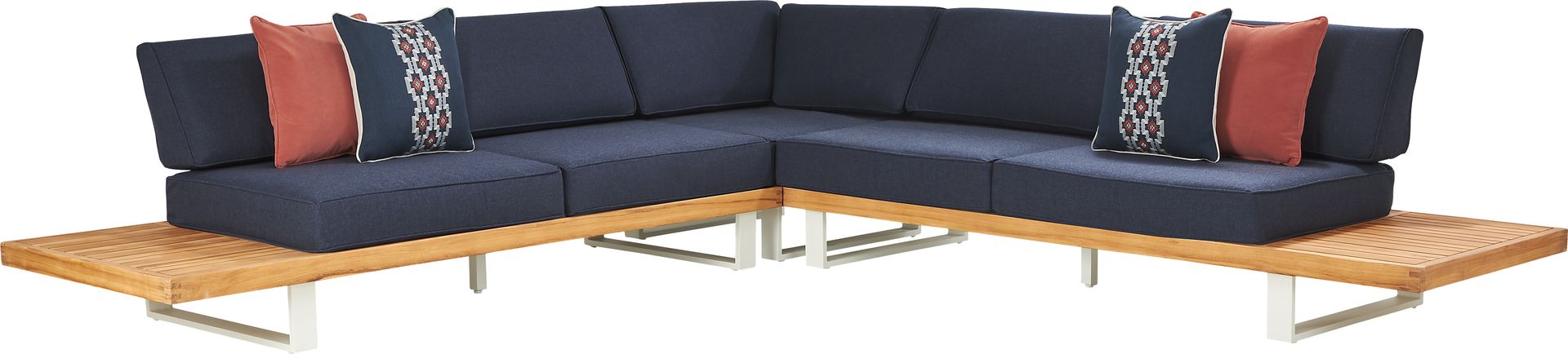 Platform Teak 3 Pc Outdoor Sectional with Indigo Cushions - Image 1