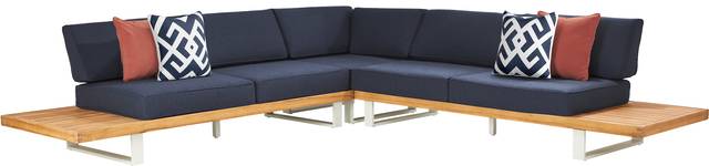 Platform Teak 3 Pc Outdoor Sectional with Indigo Cushions - Thumbnail - Image 1