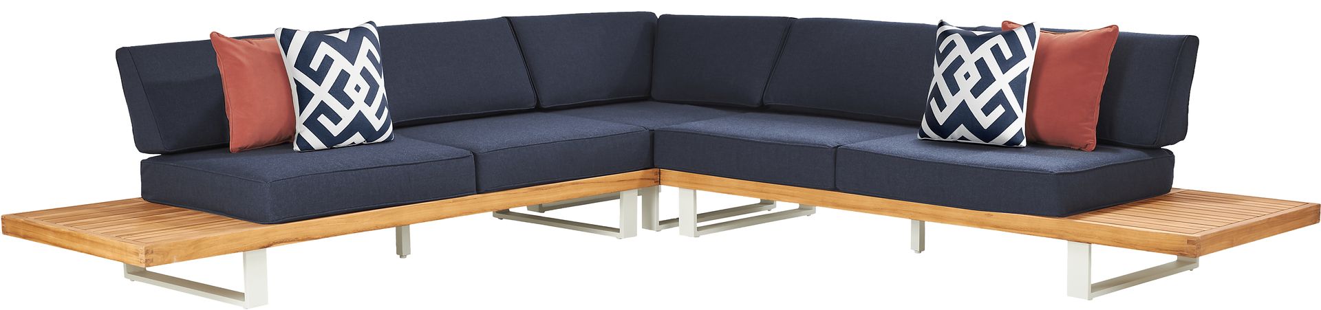 Platform Teak 3 Pc Outdoor Sectional with Indigo Cushions - Image 1