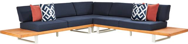 Platform Teak 3 Pc Outdoor Sectional with Indigo Cushions - Thumbnail - Image 1