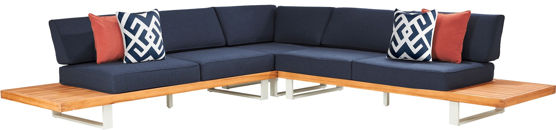 Platform Teak 3 Pc Outdoor Sectional with Indigo Cushions - Image 1