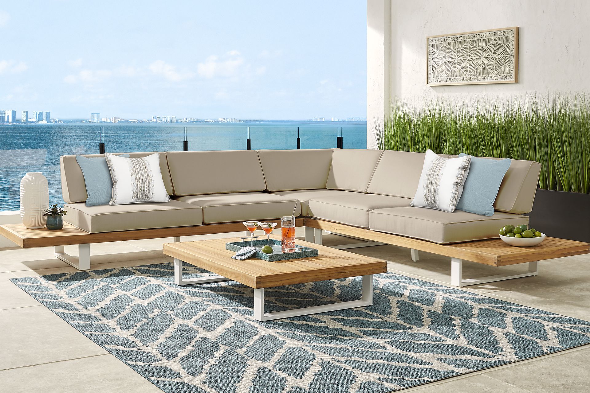 Platform Teak 3 Pc Outdoor Sectional with Pebble Cushions - Image 2