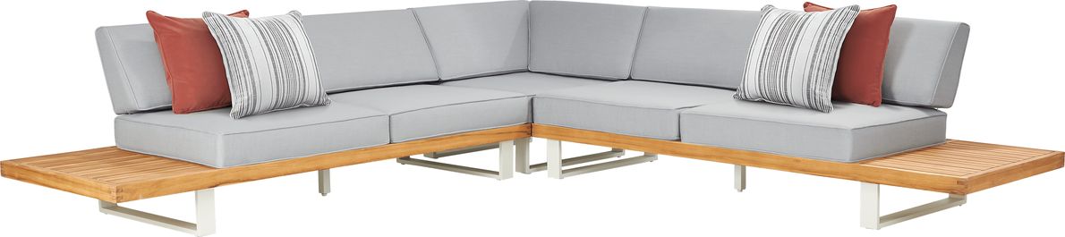 Platform Teak 3 Pc Outdoor Sectional with Pewter Cushions