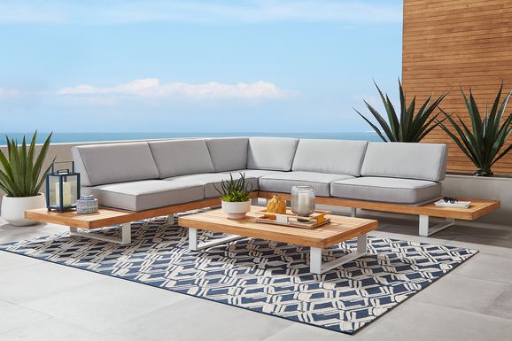 Platform Teak 3 Pc Outdoor Sectional With Pewter Cushions