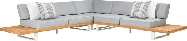 Platform Teak 3 Pc Outdoor Sectional With Pewter Cushions - Thumbnail - Image 1
