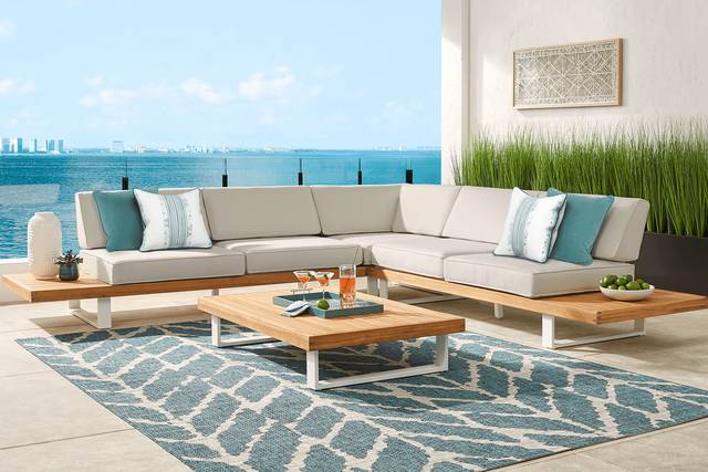 Platform Teak 3 Pc Outdoor Sectional with Rollo Linen Cushions - Thumbnail - Image 2