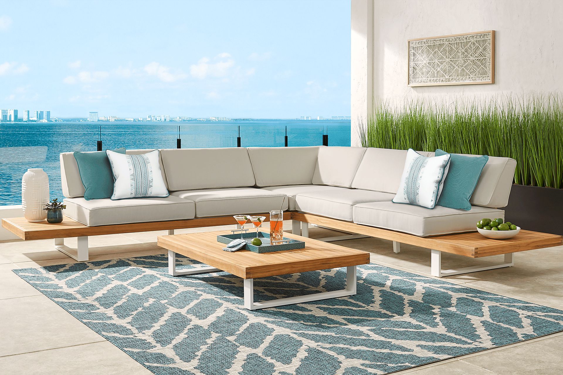 Platform Teak 3 Pc Outdoor Sectional with Rollo Linen Cushions - Image 2