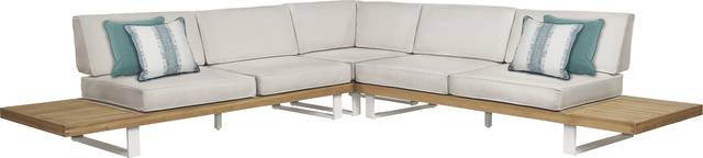 Platform Teak 3 Pc Outdoor Sectional with Rollo Linen Cushions - Thumbnail - Image 1