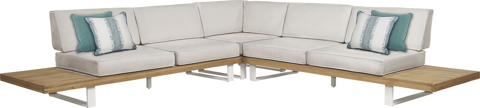 Platform Teak 3 Pc Outdoor Sectional with Rollo Linen Cushions - Image 1