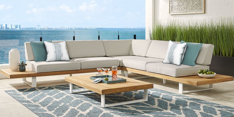 Platform Teak 3 Pc Outdoor Sectional with Rollo Linen Cushions