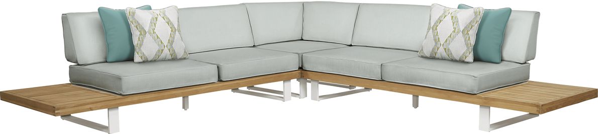 Platform Teak 3 Pc Outdoor Sectional with Rollo Seafoam Cushions
