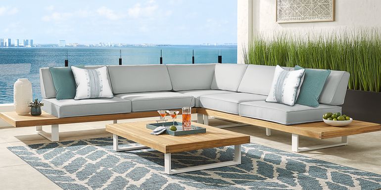 Platform Teak 3 Pc Outdoor Sectional with Rollo Seafoam Cushions