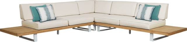 Platform Teak 3 Pc Outdoor Sectional with White Sand Cushions - Thumbnail - Image 1