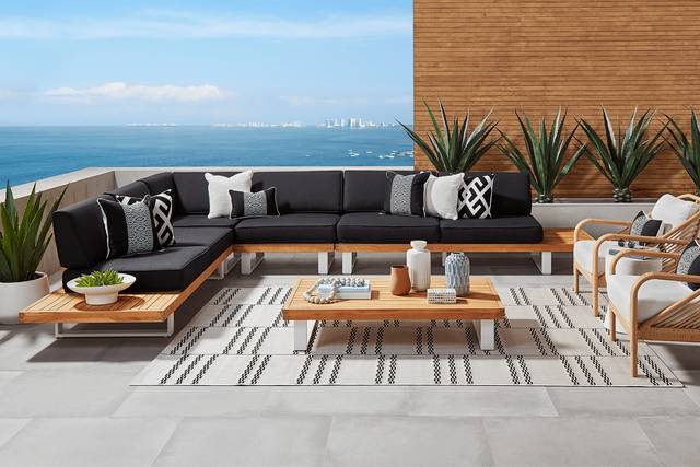 Platform Teak 4 Pc Outdoor Sectional with Charcoal Cushions - Thumbnail - Image 2