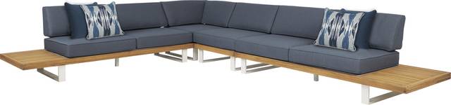 Platform Teak 4 Pc Outdoor Sectional with Denim Cushions - Thumbnail - Image 1