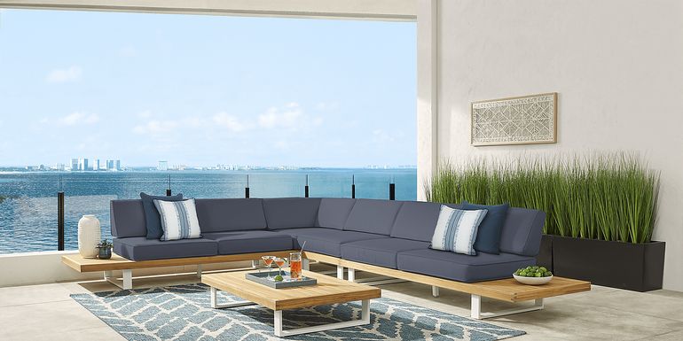 Platform Teak 4 Pc Outdoor Sectional with Denim Cushions