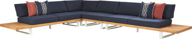 Platform Teak 4 Pc Outdoor Sectional with Indigo Cushions - Thumbnail - Image 1