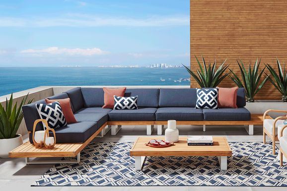 Platform Teak 4 Pc Outdoor Sectional with Indigo Cushions