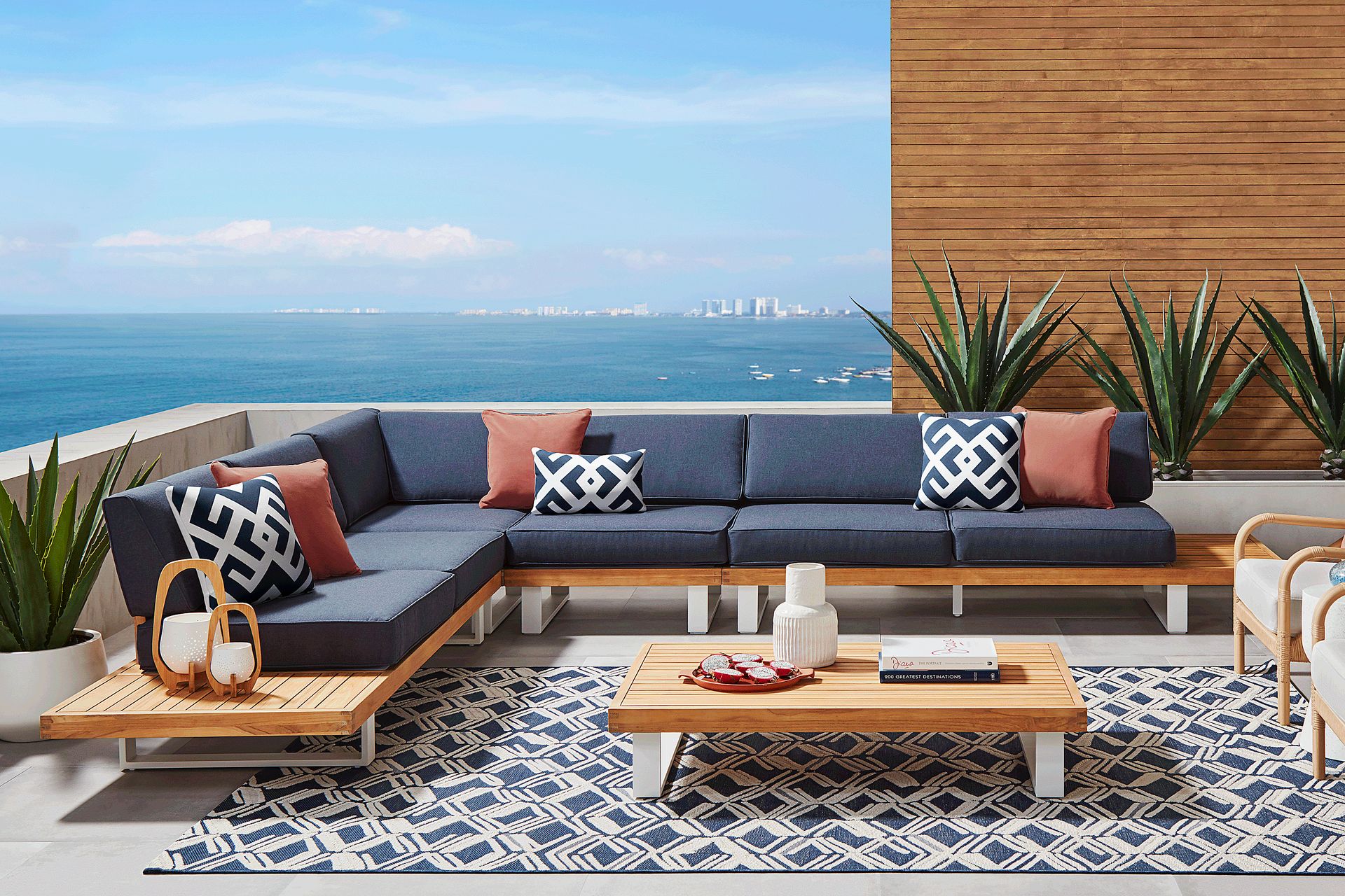 Platform Teak 4 Pc Outdoor Sectional with Indigo Cushions - Image 2