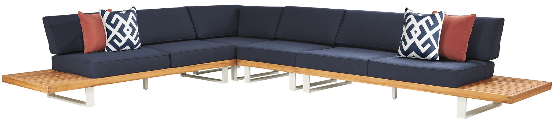 Platform Teak 4 Pc Outdoor Sectional with Indigo Cushions - Image 1