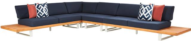 Platform Teak 4 Pc Outdoor Sectional with Indigo Cushions - Thumbnail - Image 1