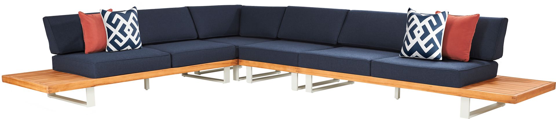 Platform Teak 4 Pc Outdoor Sectional with Indigo Cushions - Image 1
