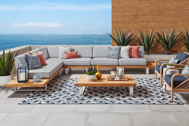 Platform Teak 4 Pc Outdoor Sectional with Pewter Cushions - Thumbnail - Image 2