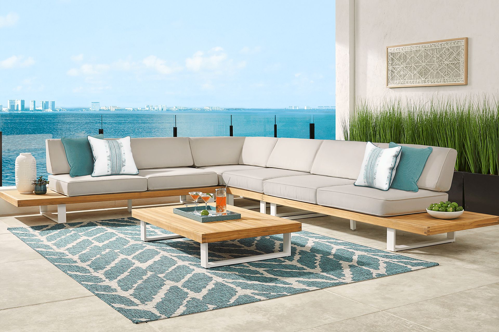 Platform Teak 4 Pc Outdoor Sectional with Rollo Linen Cushions - Image 2