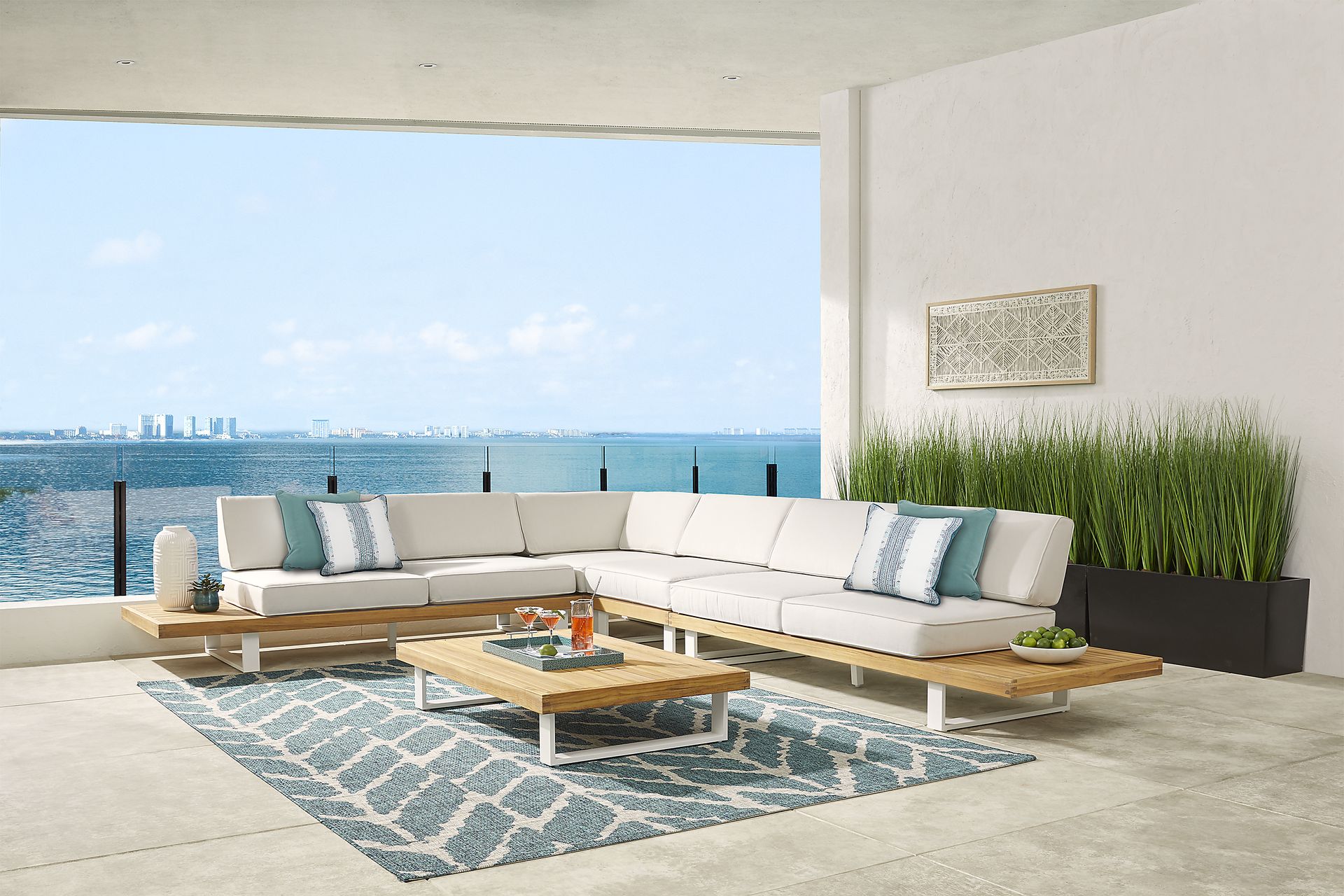 Platform Teak 4 Pc Outdoor Sectional with White Sand Cushions - Image 2