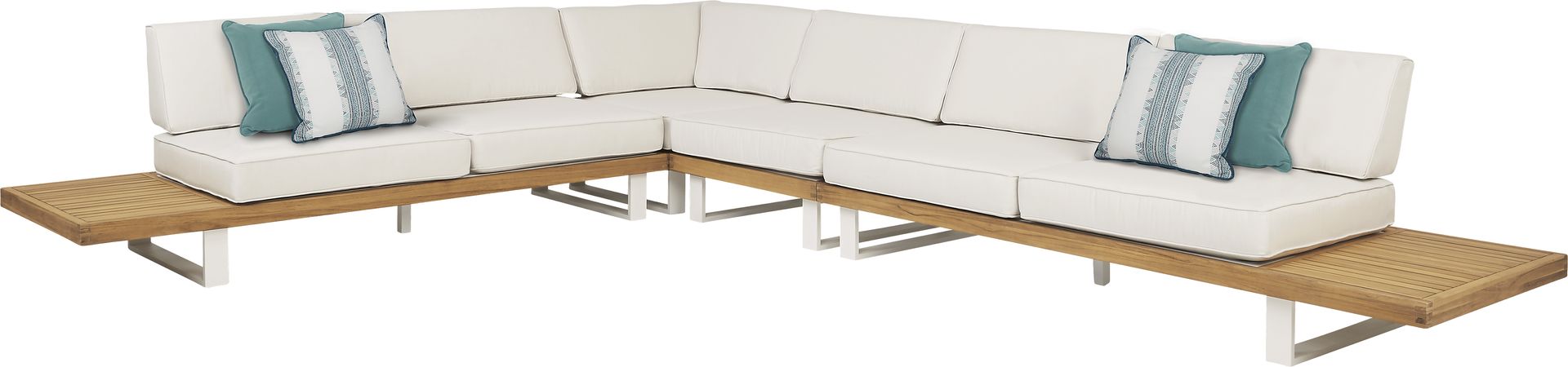 Platform Teak 4 Pc Outdoor Sectional with White Sand Cushions - Image 1