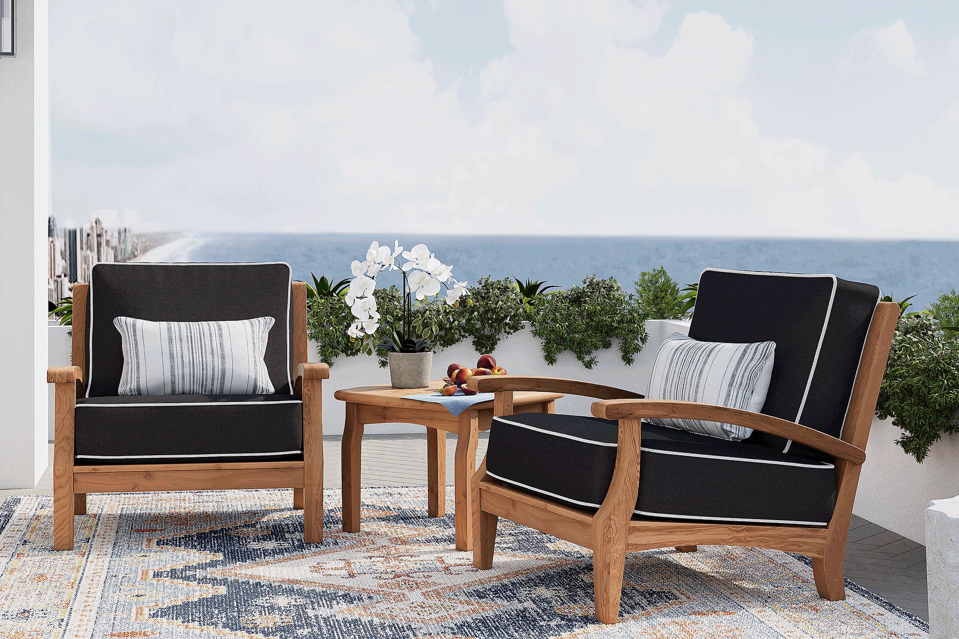 Pleasant Bay 3 Pc Teak Outdoor Seating Set with Charcoal Cushions - Image 1
