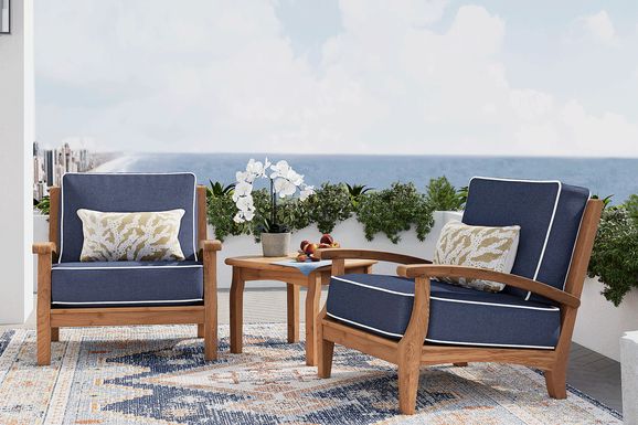 Pleasant Bay 3 Pc Teak Outdoor Seating Set with Indigo Cushions