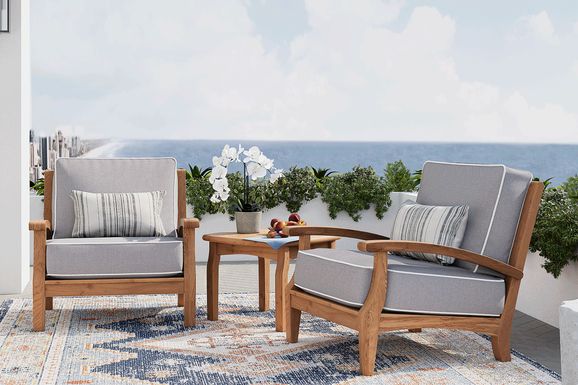 Pleasant Bay 3 Pc Teak Outdoor Seating Set with Pewter Cushions