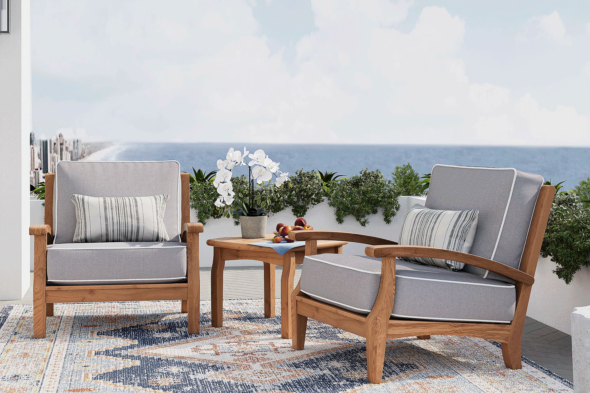 Pleasant Bay 3 Pc Teak Outdoor Seating Set with Pewter Cushions - Image 1