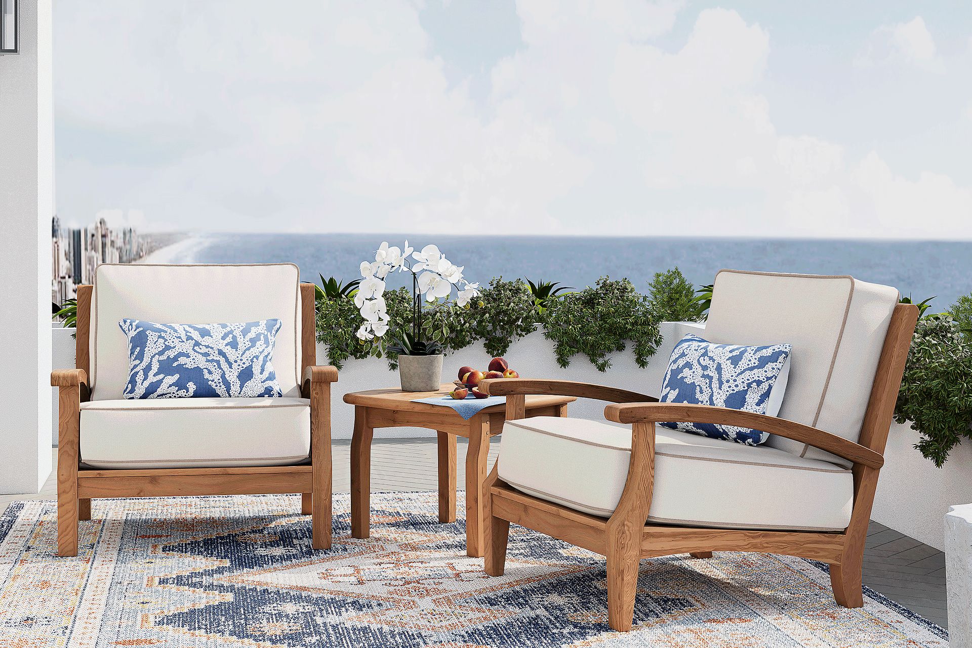 Pleasant Bay 3 Pc Teak Outdoor Seating Set with Vapor Cushions - Image 1