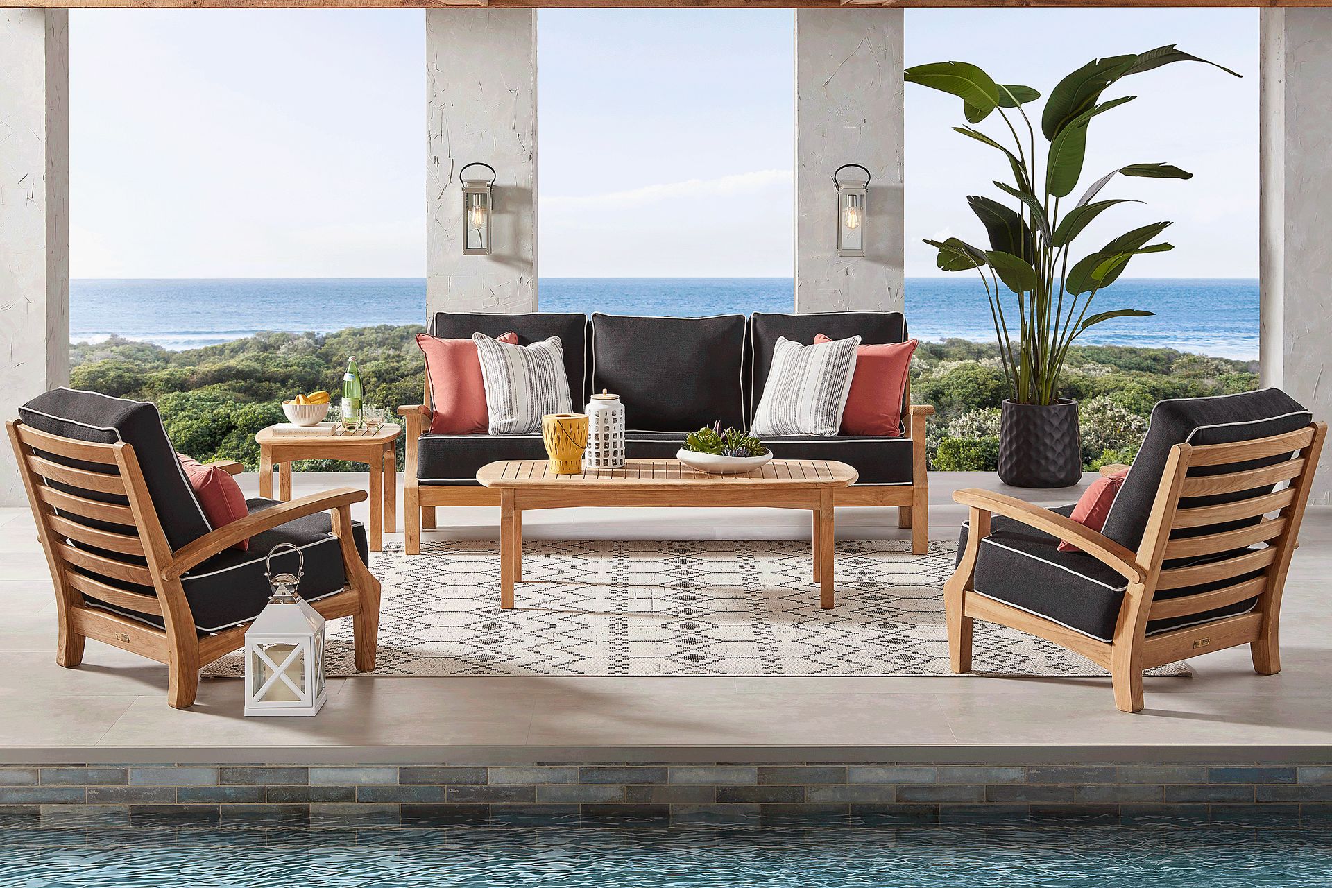 Pleasant Bay Teak 3 Pc Outdoor Seating Set with Charcoal Cushions - Image 1