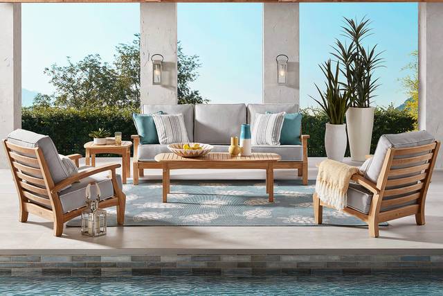 Pleasant Bay Teak 3 Pc Outdoor Seating Set with Dove Cushions - Thumbnail - Image 1