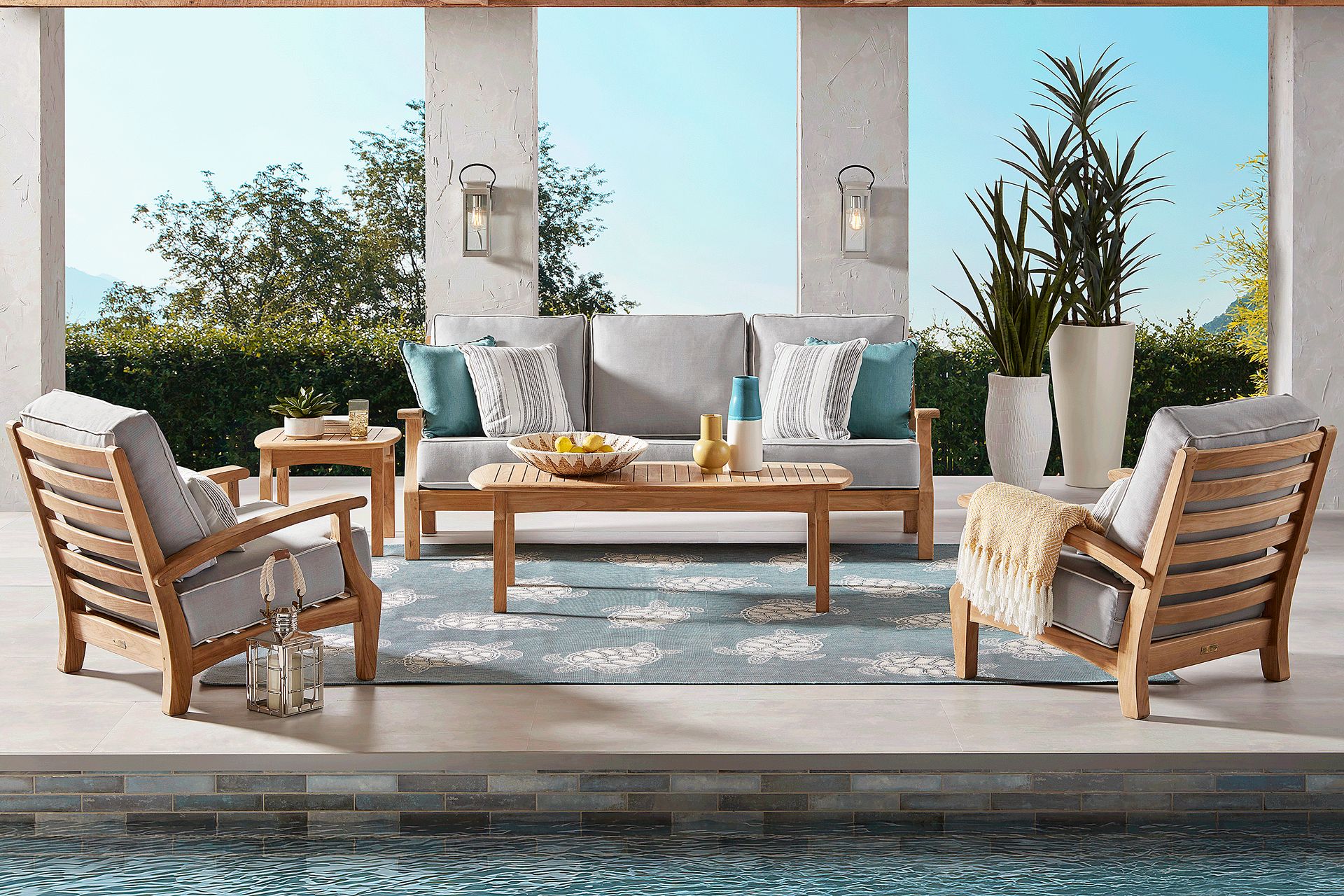 Pleasant Bay Teak 3 Pc Outdoor Seating Set with Dove Cushions - Image 1