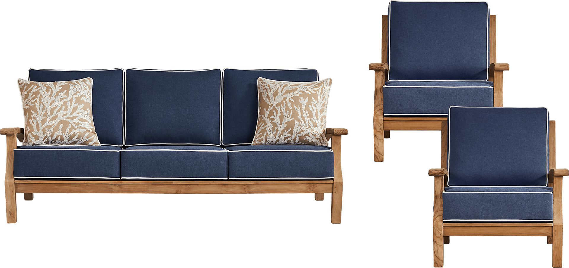 Pleasant Bay Teak 3 Pc Outdoor Seating Set with Indigo Cushions - Image 1