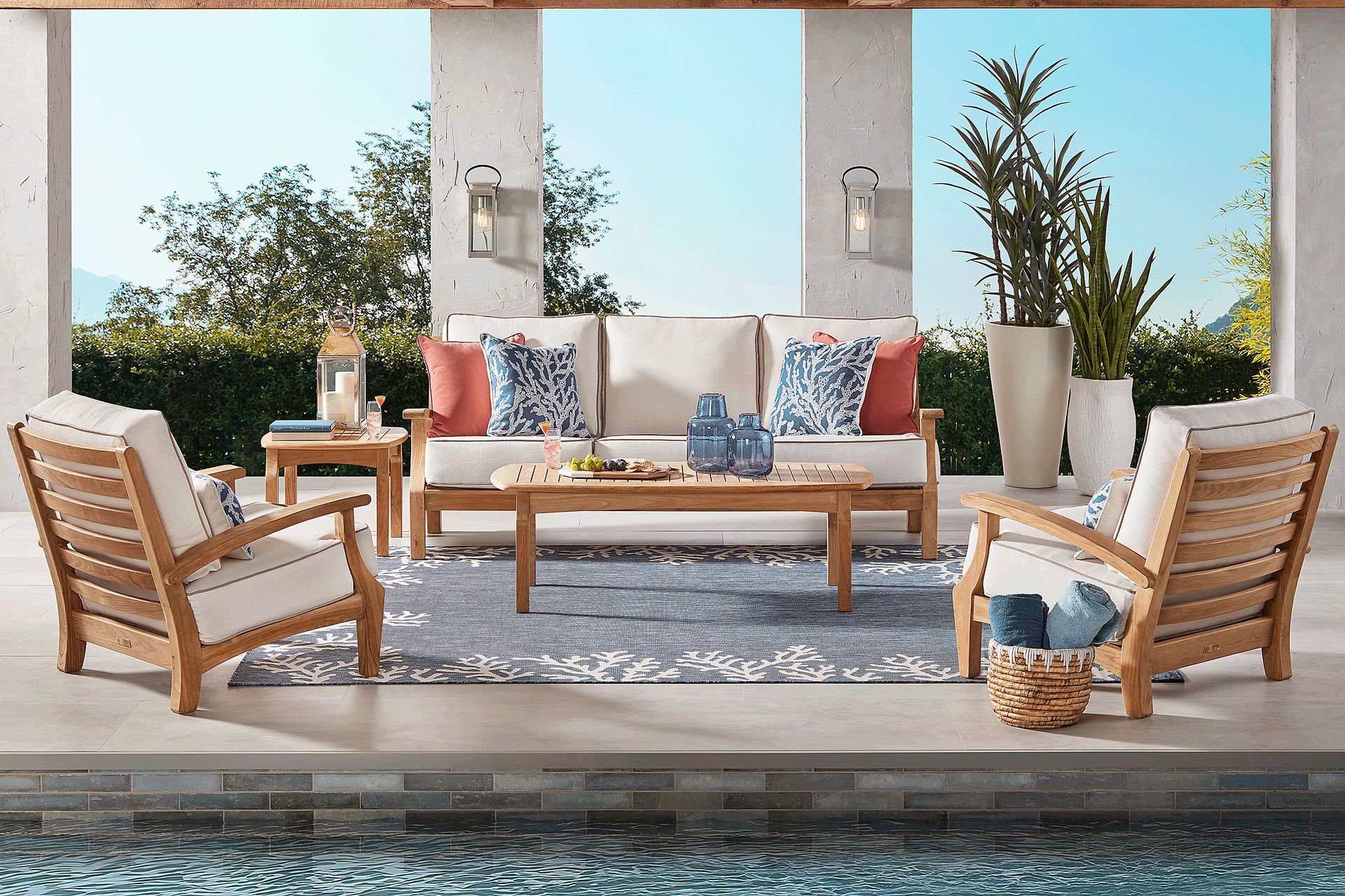 Pleasant Bay Teak 3 Pc Outdoor Seating Set with Vapor Cushions - Image 1