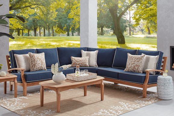 Pleasant Bay Teak 3 Pc Outdoor Sectional with Indigo Cushions