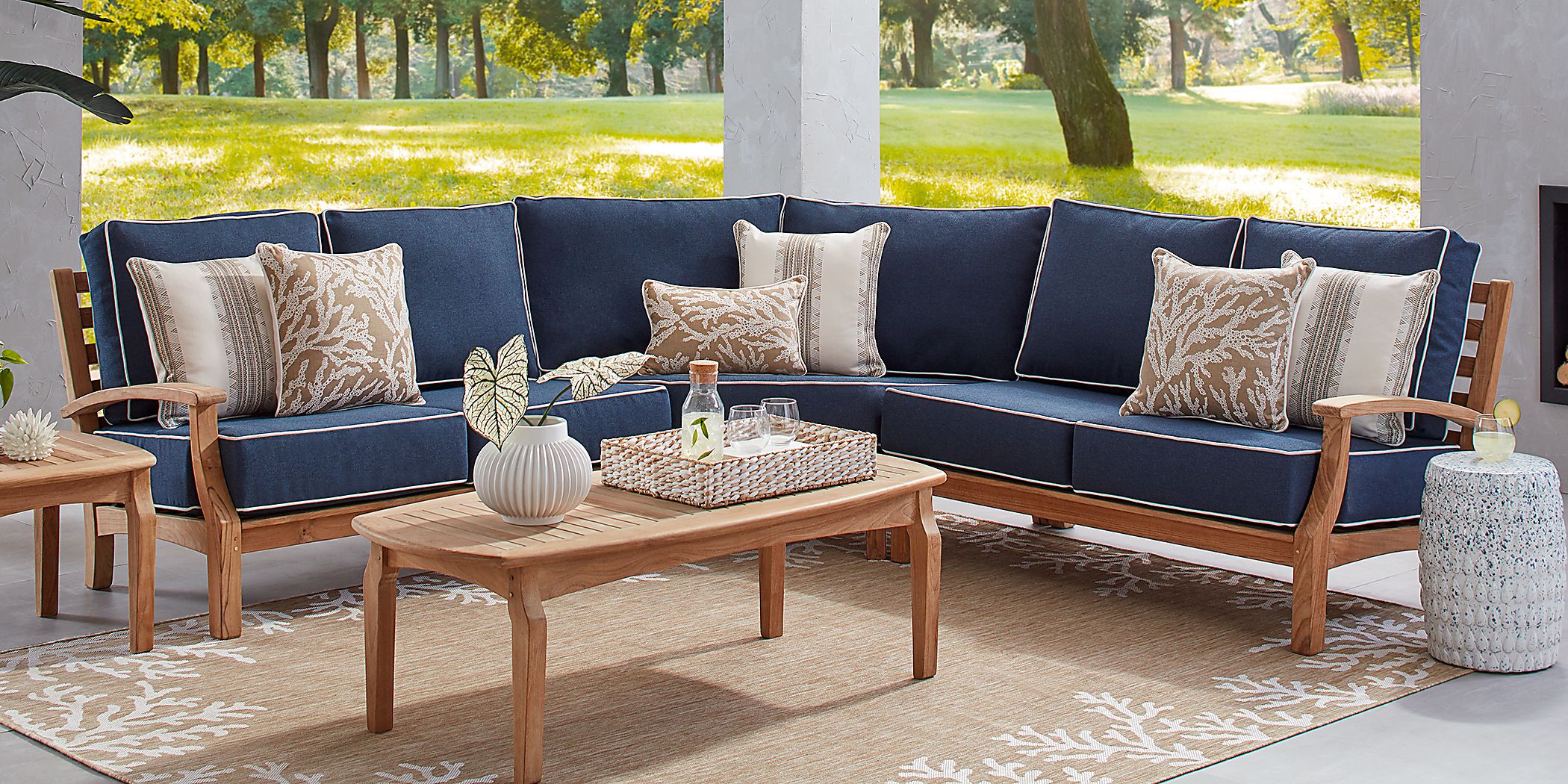 Pleasant Bay Teak 3 Pc Outdoor Sectional with Indigo Cushions Rooms To Go
