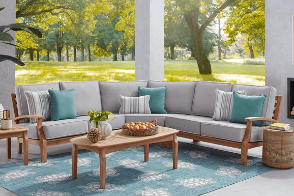 Pleasant Bay Teak 3 Pc Outdoor Sectional with Pewter Cushions